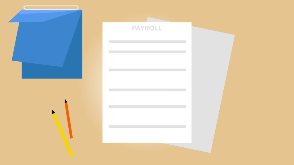 an illustration of payroll documents and pens on a table